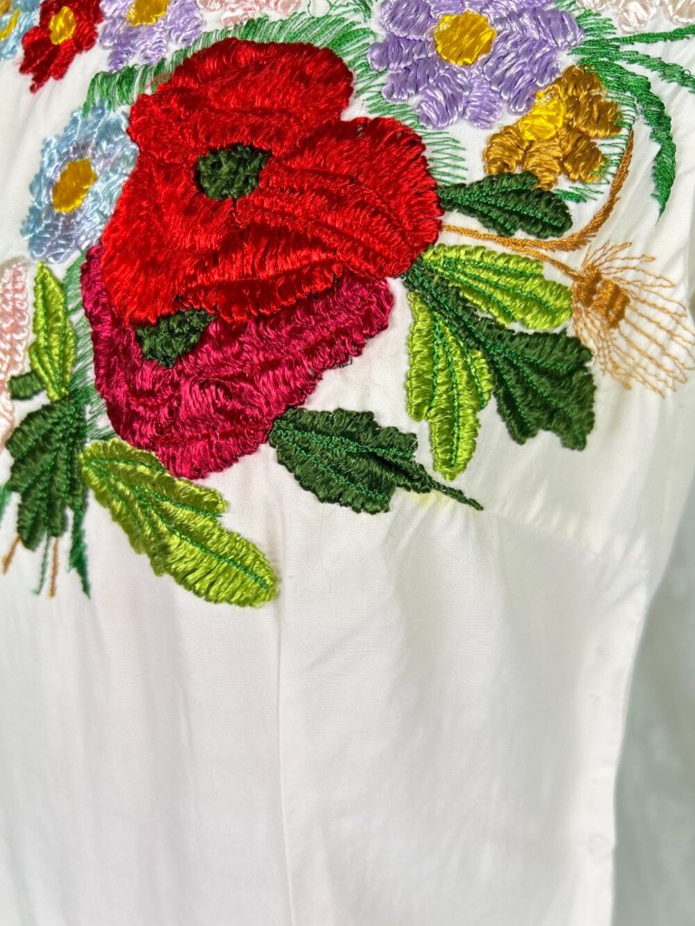 Vintage 1960s Hand-Embroidered White Sleeveless Top, Colorful Floral Folk Blouse - Picture 10 of 13